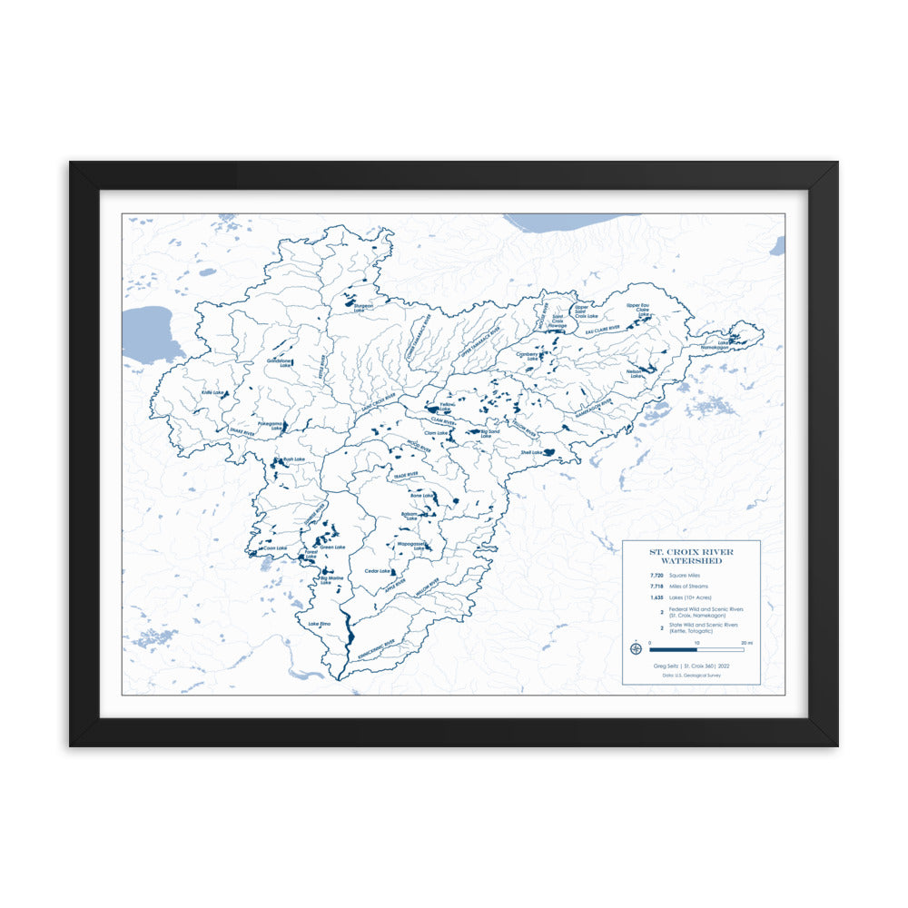 St. Croix River Watershed Lakes and Rivers Framed Wall Map